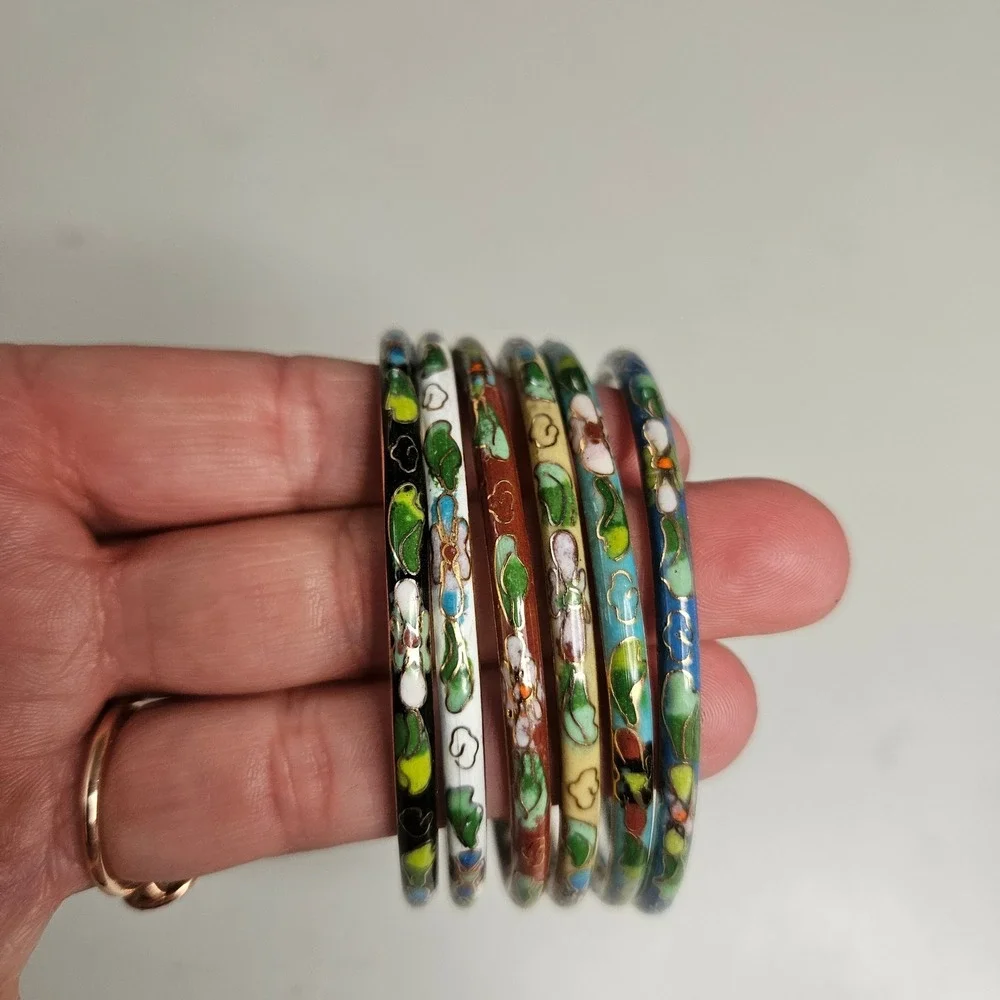 Vintage Cloisonne Enamel Floral Bangle Bracelets‎ Set of 6 Multicolor Stackable